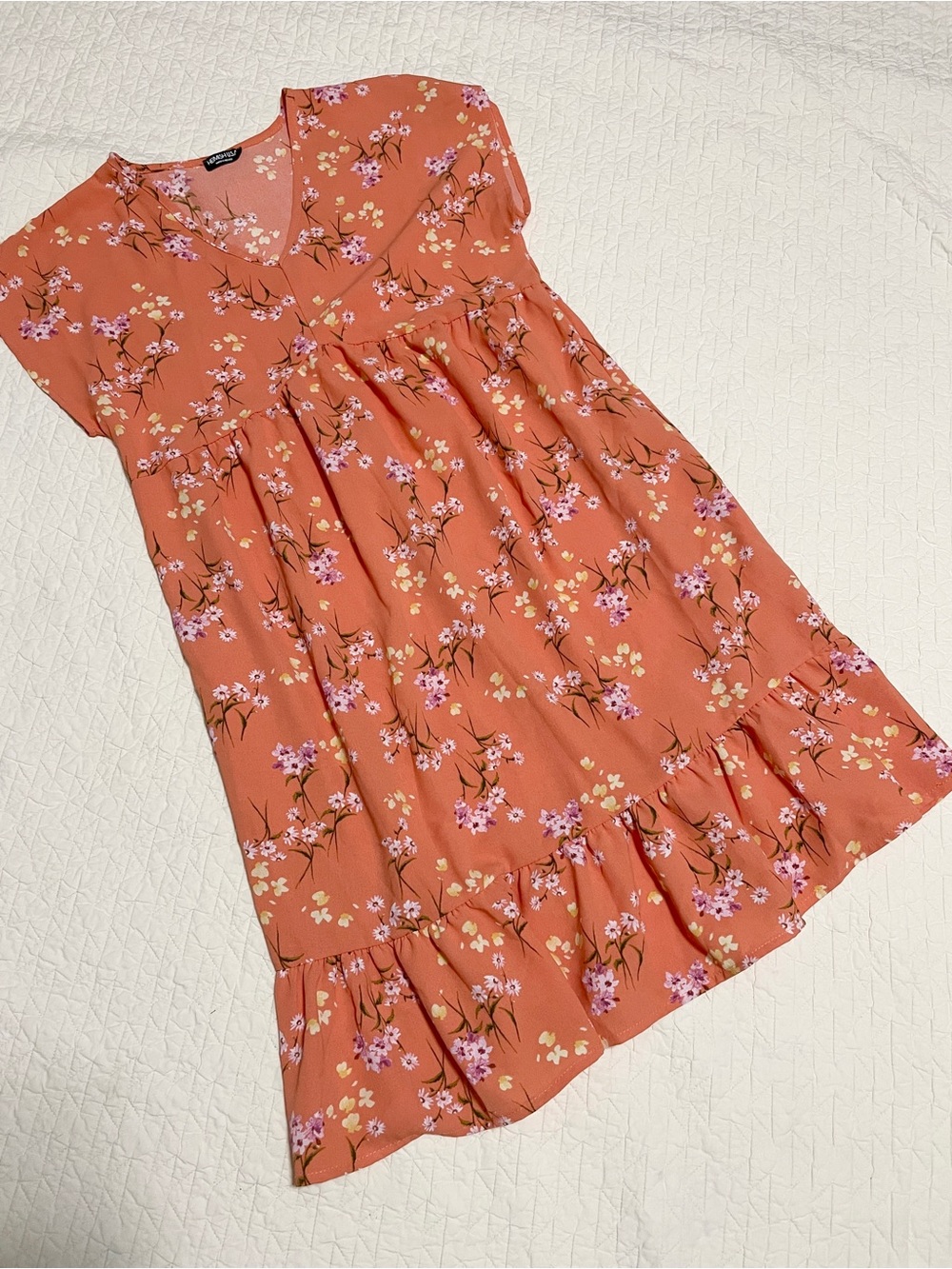 HEIMISH USA Coral Rust Floral Tiered Casual Dress with Pink Flowers